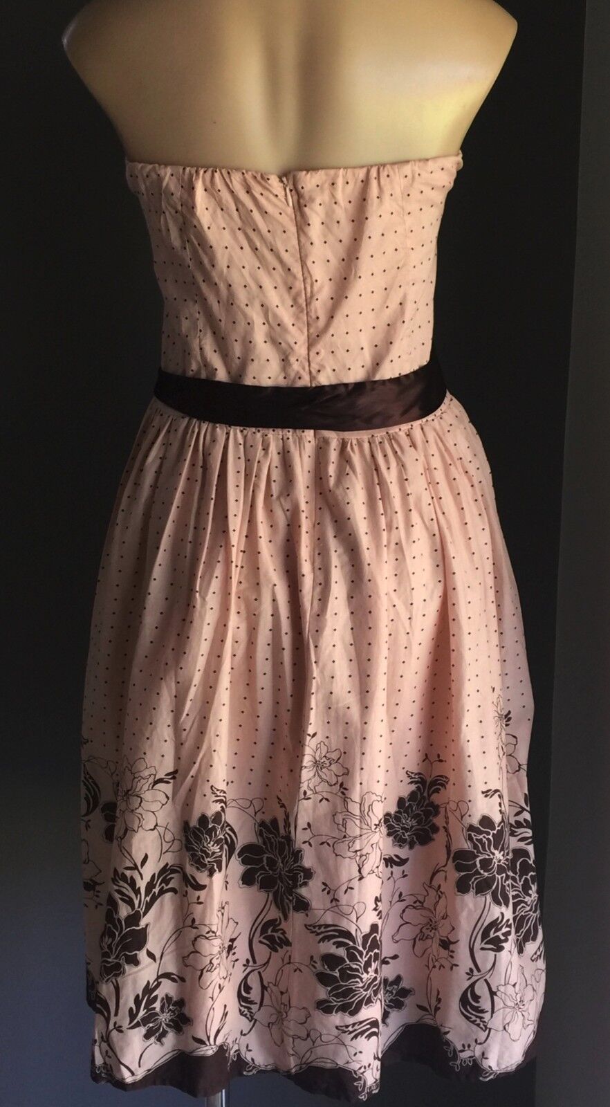 CROSSROADS Dress Polka Dot & Floral Blush Pink & Brown Ladies Size 16 Strapless