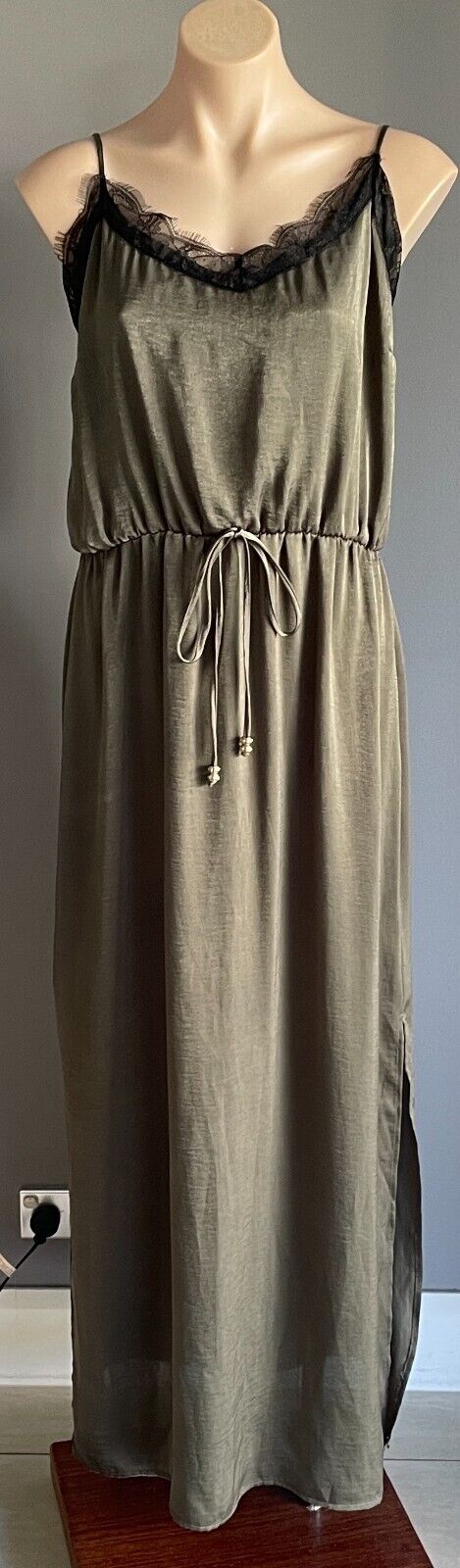 CROSSROADS Maxi Dress Silky Khaki Elastic Waist Drawstring Size 18 Adjust Straps