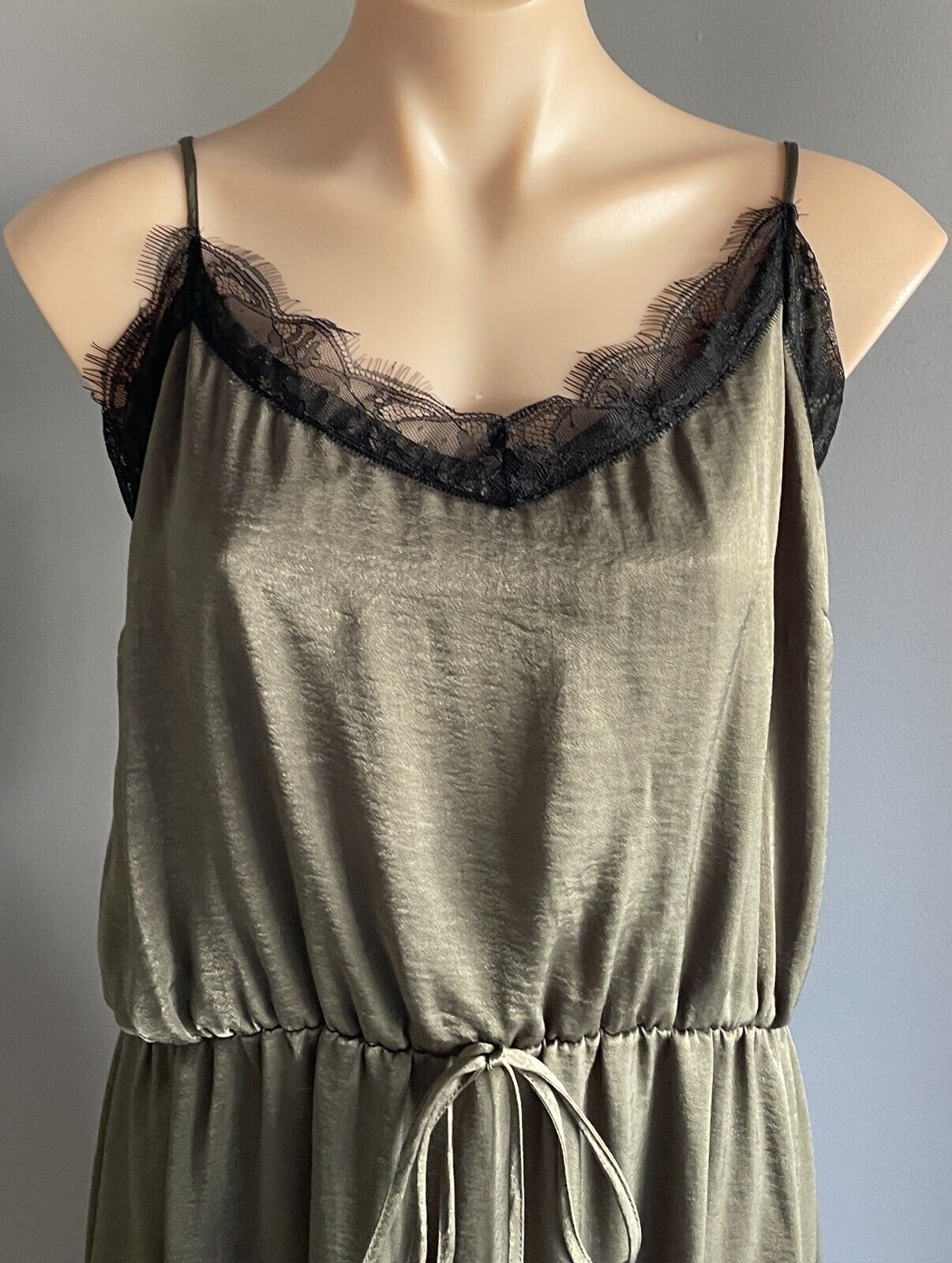 CROSSROADS Maxi Dress Silky Khaki Elastic Waist Drawstring Size 18 Adjust Straps