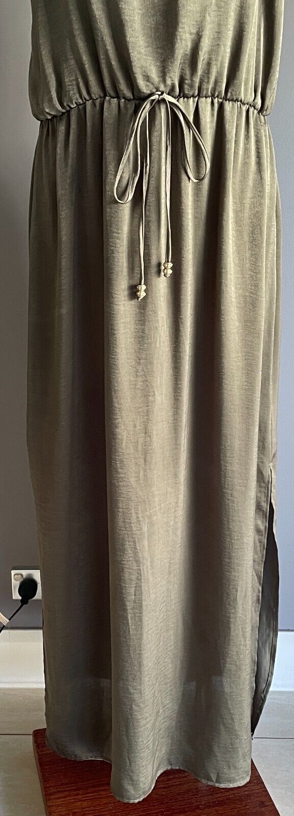 CROSSROADS Maxi Dress Silky Khaki Elastic Waist Drawstring Size 18 Adjust Straps