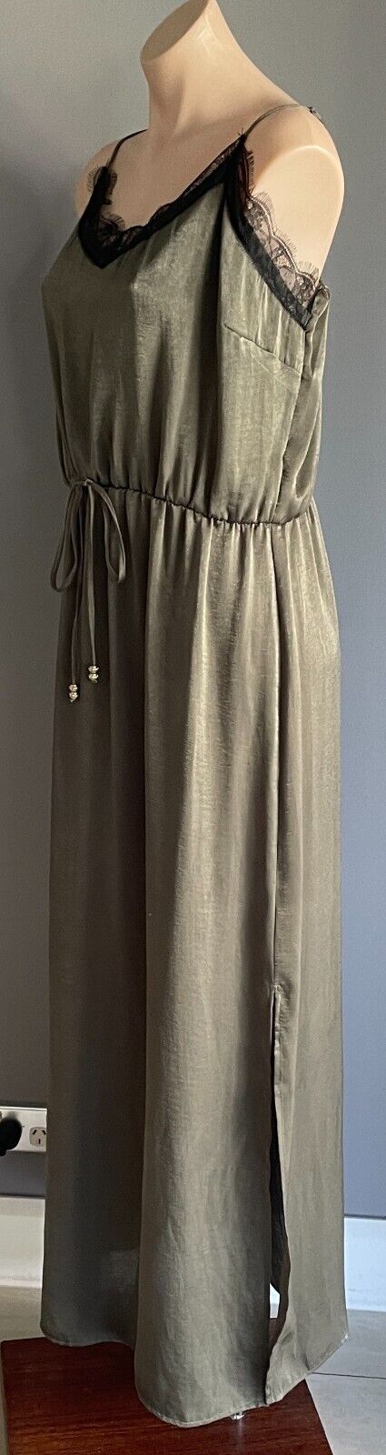CROSSROADS Maxi Dress Silky Khaki Elastic Waist Drawstring Size 18 Adjust Straps