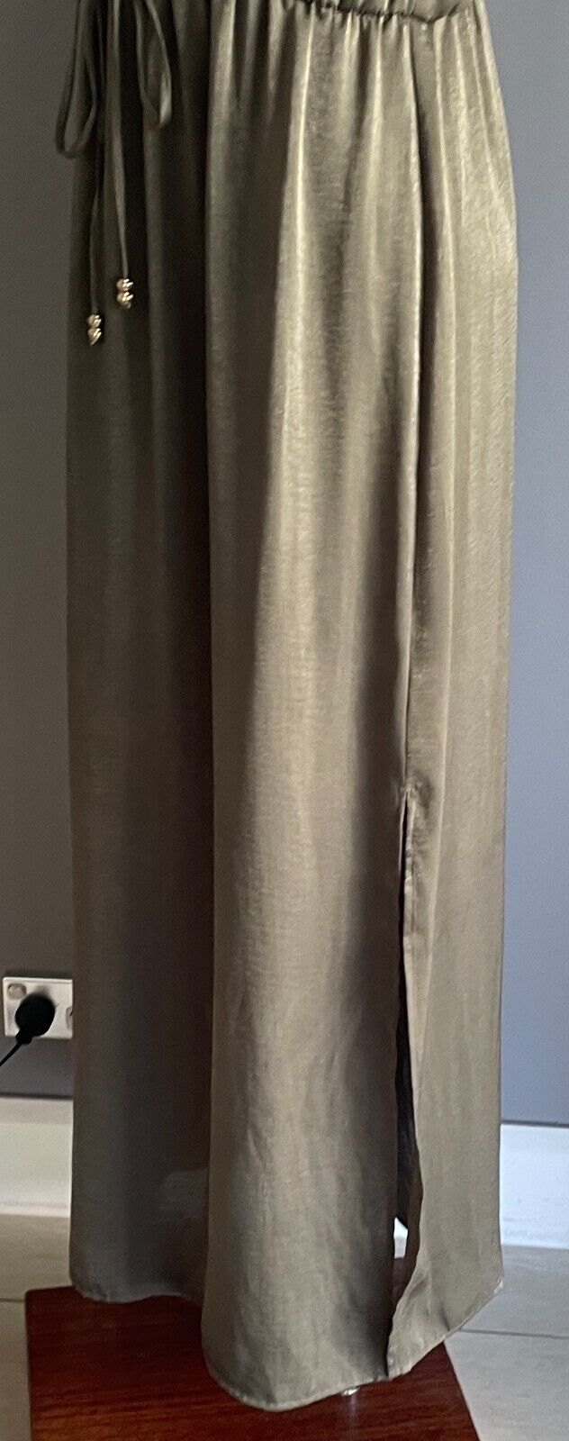 CROSSROADS Maxi Dress Silky Khaki Elastic Waist Drawstring Size 18 Adjust Straps