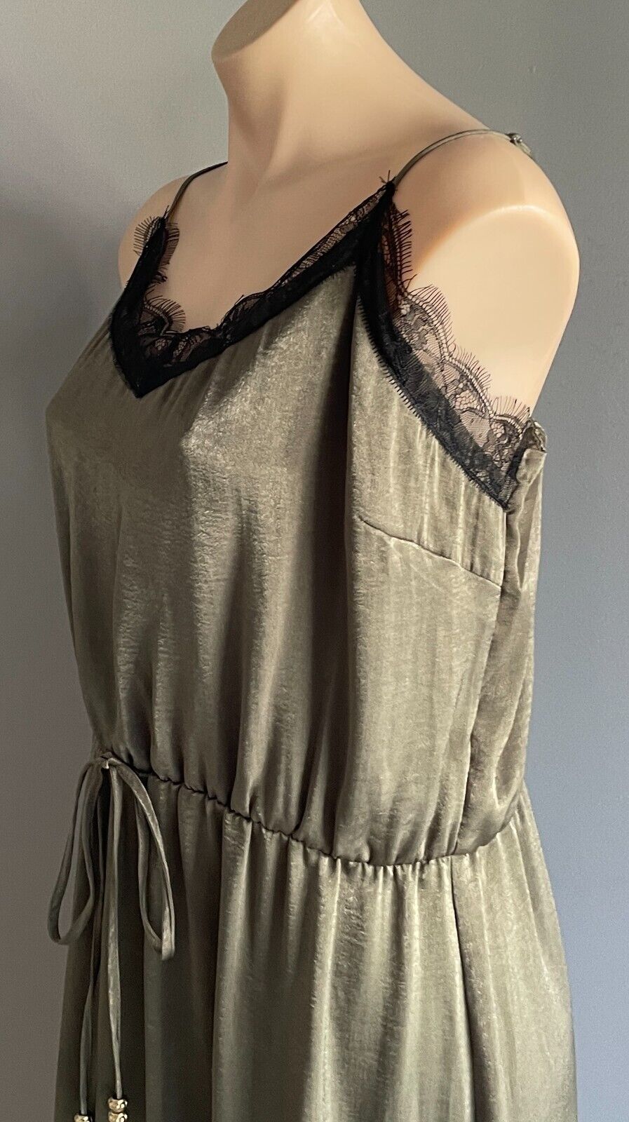 CROSSROADS Maxi Dress Silky Khaki Elastic Waist Drawstring Size 18 Adjust Straps