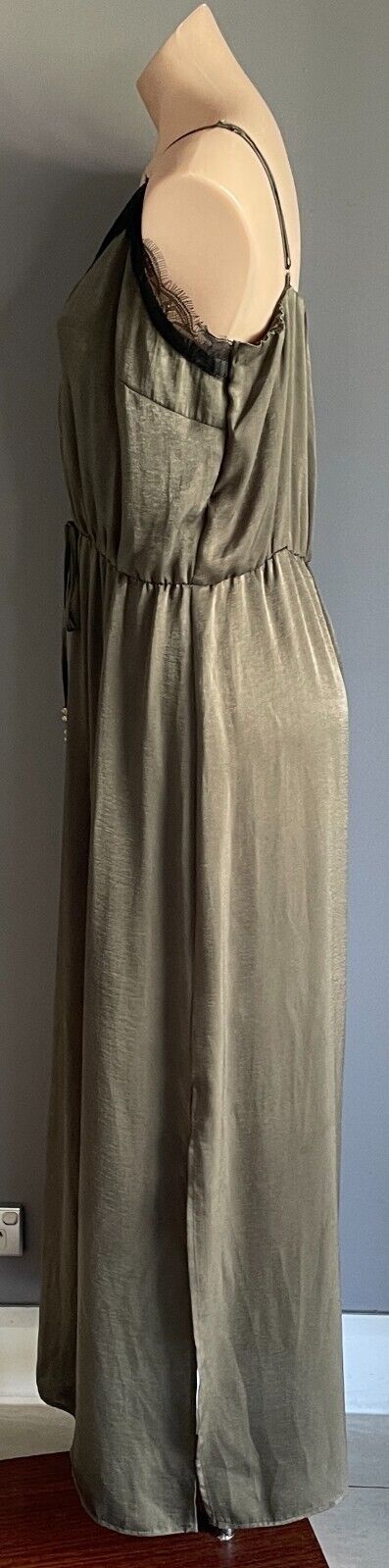CROSSROADS Maxi Dress Silky Khaki Elastic Waist Drawstring Size 18 Adjust Straps