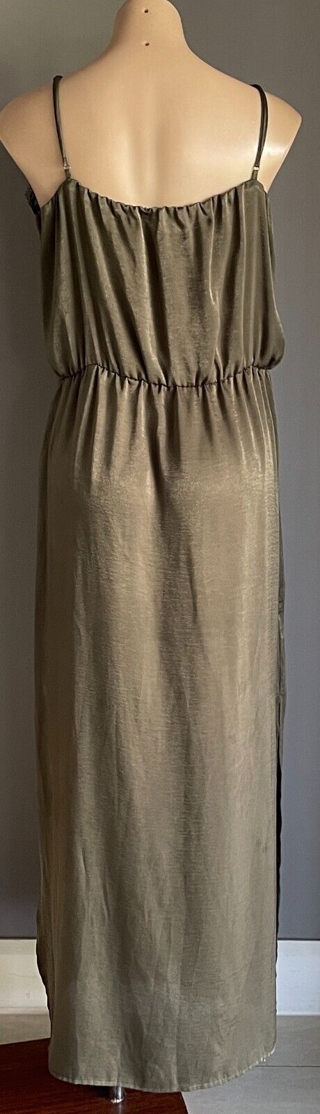 CROSSROADS Maxi Dress Silky Khaki Elastic Waist Drawstring Size 18 Adjust Straps