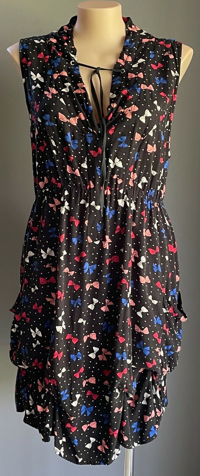CROSSROADS Dress Black Bows Print Sleeveless Hitched Hem Hip Pockets Size 22