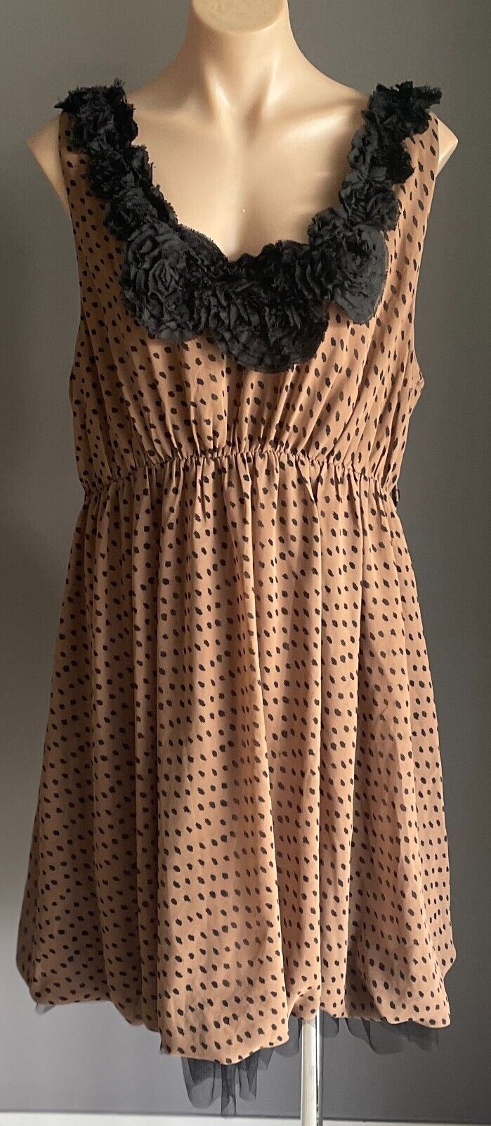 CROSSROADS Dress Brown Black Spot Sleeveless Rosette Trim Elastic Waist Size 22