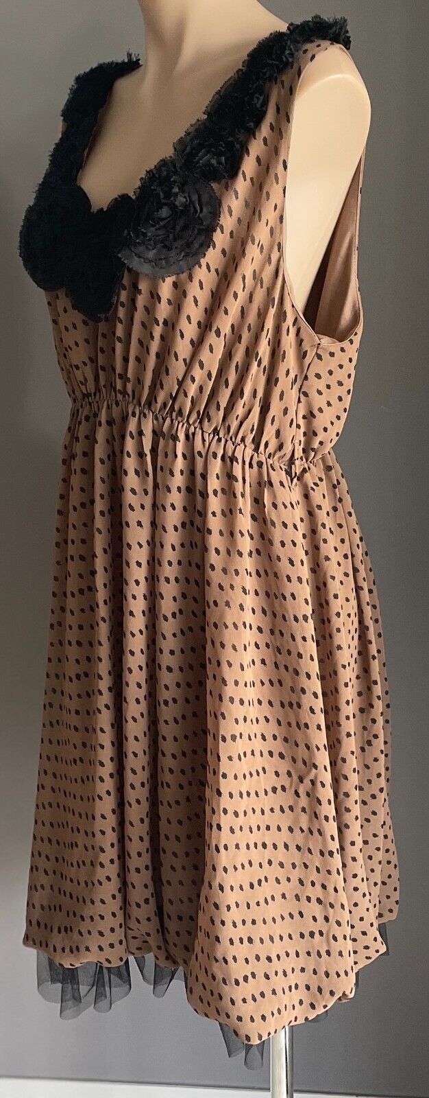 CROSSROADS Dress Brown Black Spot Sleeveless Rosette Trim Elastic Waist Size 22