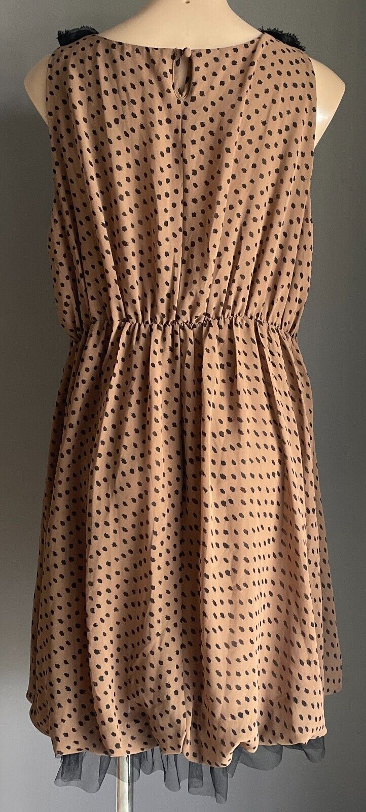 CROSSROADS Dress Brown Black Spot Sleeveless Rosette Trim Elastic Waist Size 22