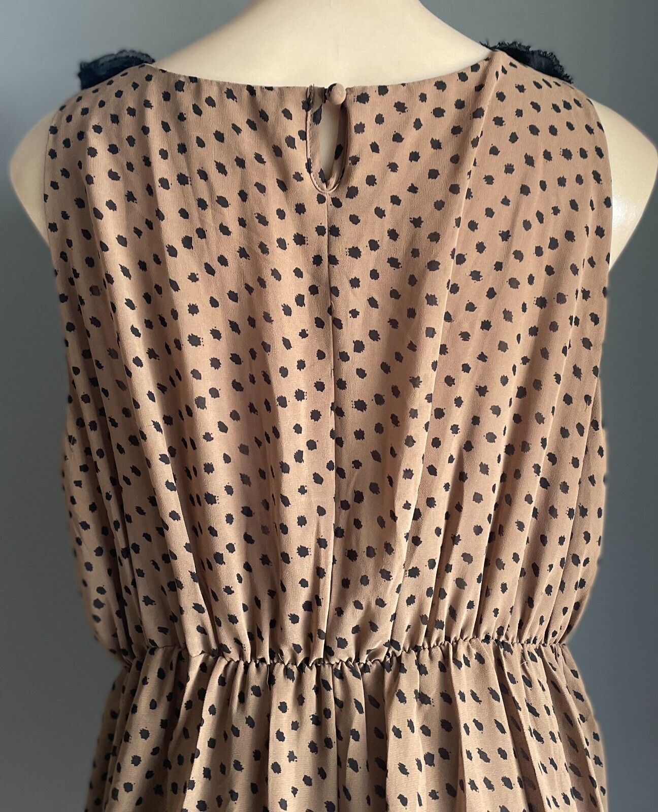CROSSROADS Dress Brown Black Spot Sleeveless Rosette Trim Elastic Waist Size 22