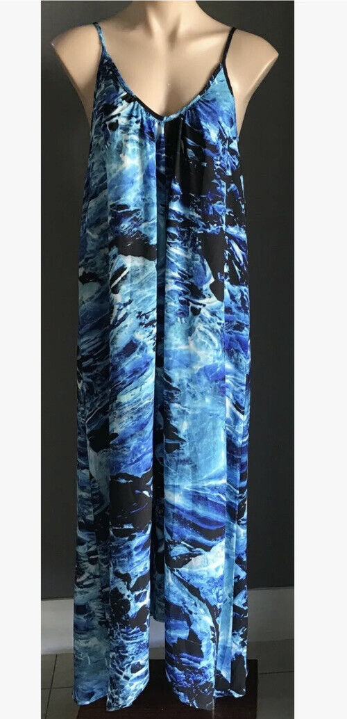 BILLIONS $ TRILLIONS Maxi Dress Hi Lo Blue Watercolour Sleeveless A-Line Sz S 10