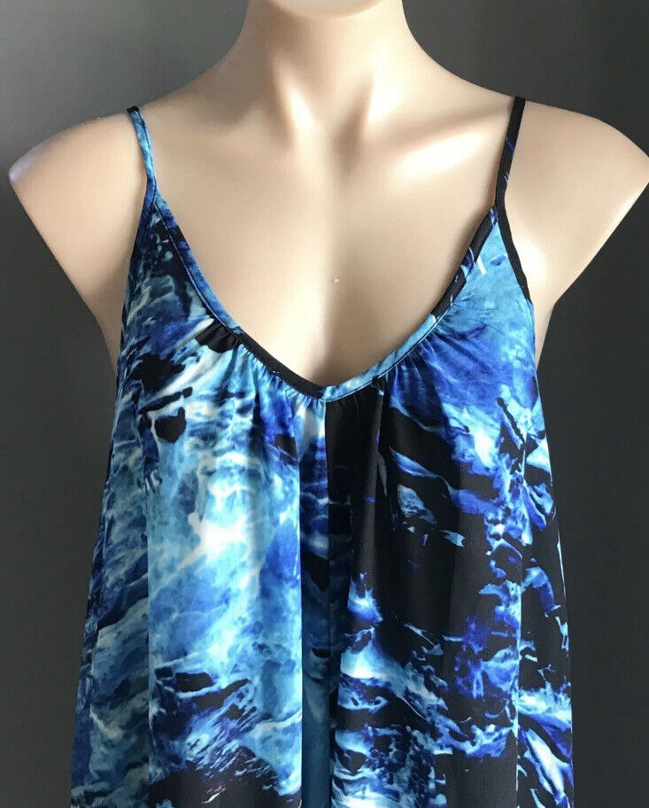 BILLIONS $ TRILLIONS Maxi Dress Hi Lo Blue Watercolour Sleeveless A-Line Sz S 10