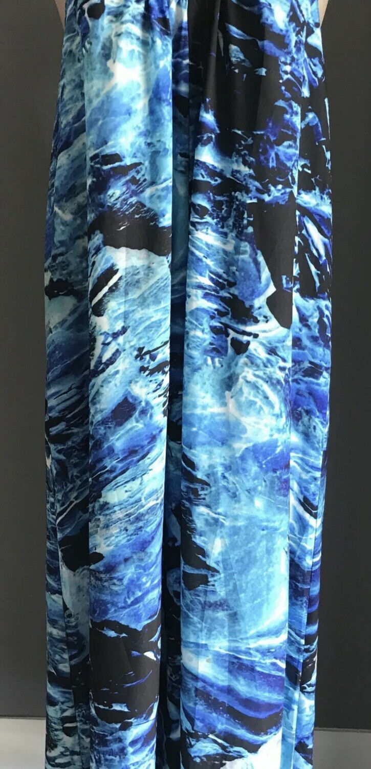 BILLIONS $ TRILLIONS Maxi Dress Hi Lo Blue Watercolour Sleeveless A-Line Sz S 10