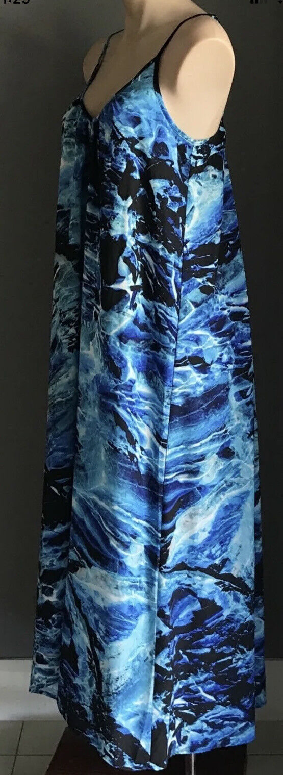 BILLIONS $ TRILLIONS Maxi Dress Hi Lo Blue Watercolour Sleeveless A-Line Sz S 10