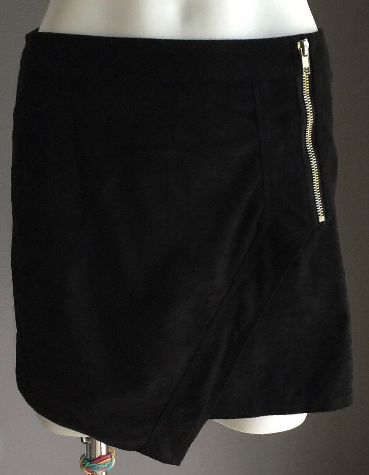 TEMT Mini Skirt Black Suede Look & Feel Asymmetric Hem Short Size 8 Retro