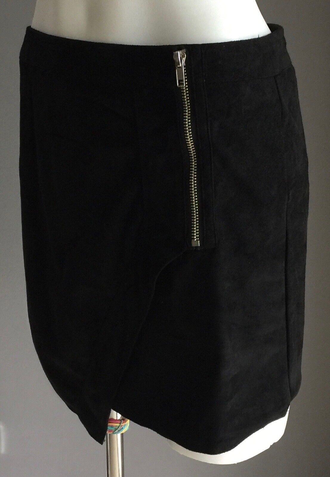 TEMT Mini Skirt Black Suede Look & Feel Asymmetric Hem Short Size 8 Retro