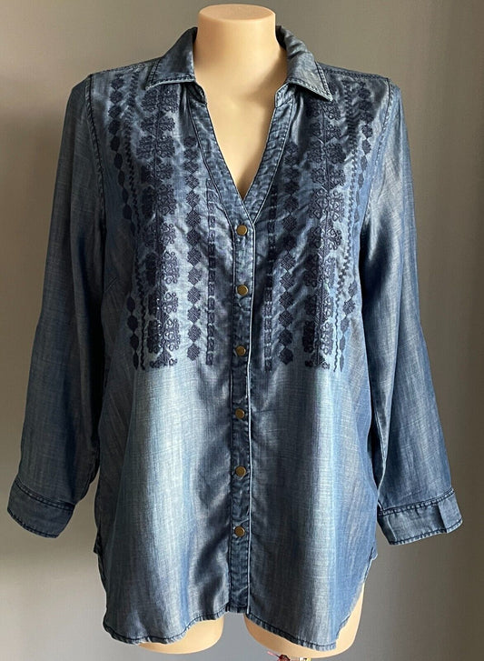 VIRTUELLE TS Chambray Blue Tencel Shirt Long Sleeve Embroidered Size 22 NEW