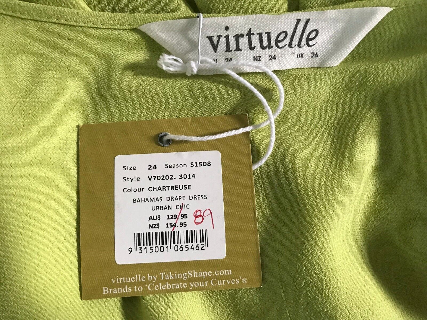 VIRTUELLE Drape Dress Chartreuse Green Sleeveless Bahamas Urban Chic Size 24 NEW