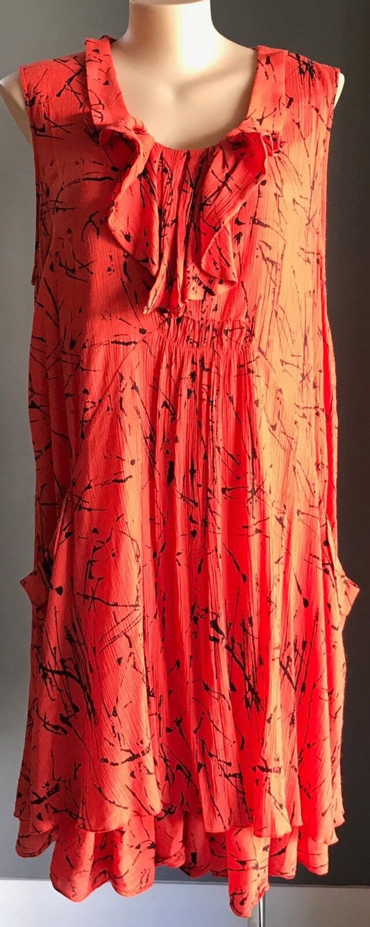 VIRTUELLE Tunic Dress Sleeveless Orange Black Abstract Print Frill Neck Size 24