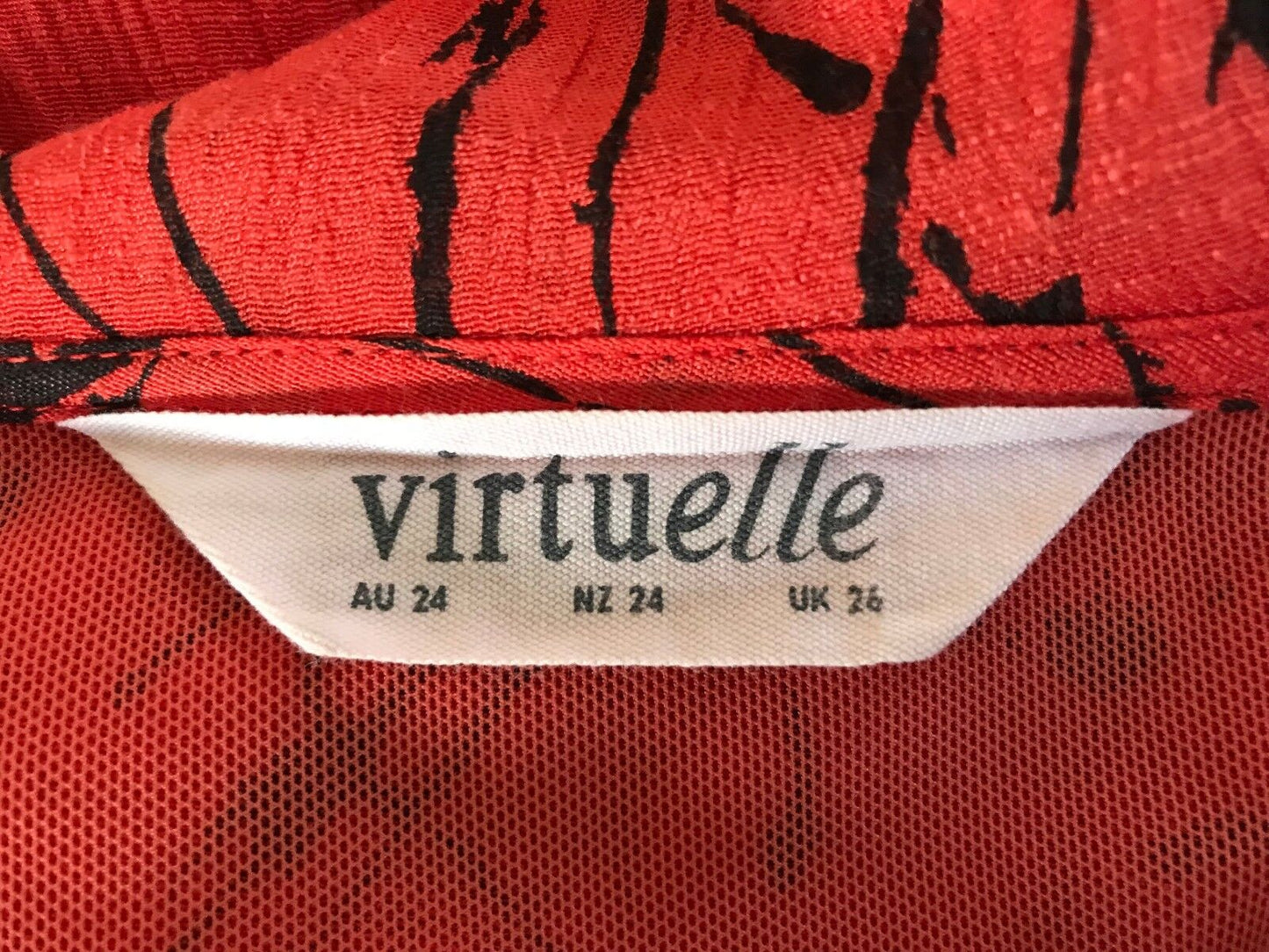 VIRTUELLE Tunic Dress Sleeveless Orange Black Abstract Print Frill Neck Size 24