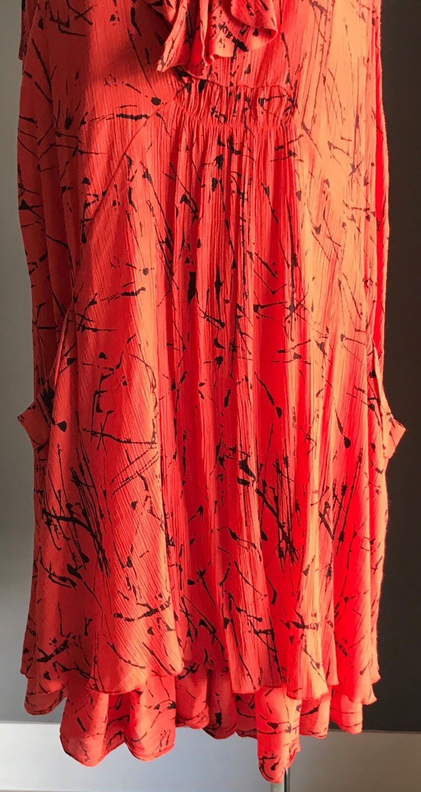 VIRTUELLE Tunic Dress Sleeveless Orange Black Abstract Print Frill Neck Size 24