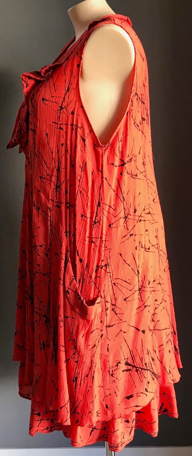 VIRTUELLE Tunic Dress Sleeveless Orange Black Abstract Print Frill Neck Size 24