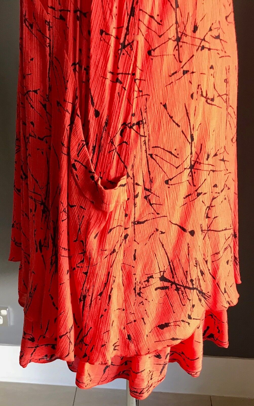 VIRTUELLE Tunic Dress Sleeveless Orange Black Abstract Print Frill Neck Size 24