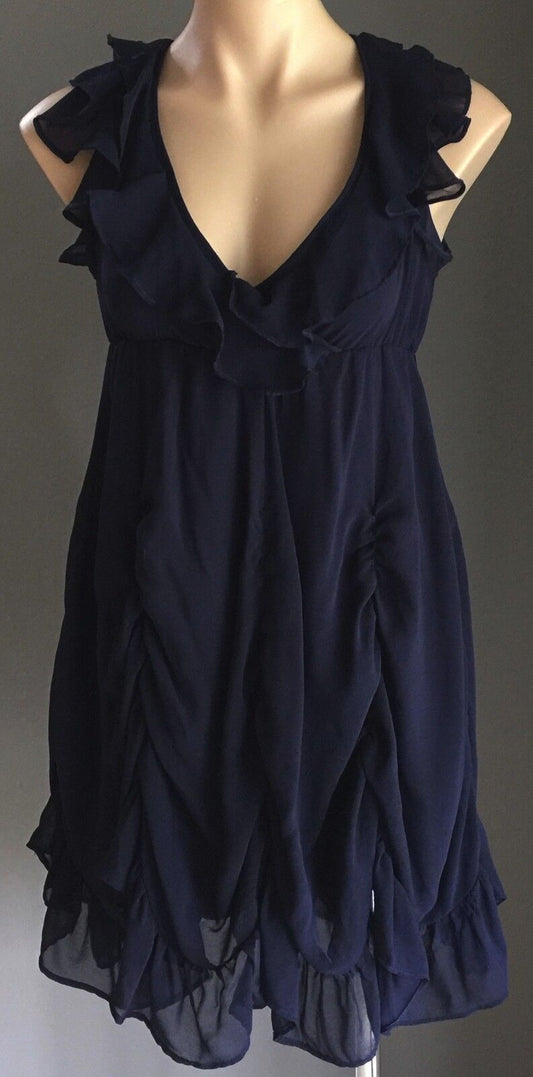 Dress Navy Blue Frill Detail Ruched Chiffon Ladies Size 10 - Dressy STUNNING!
