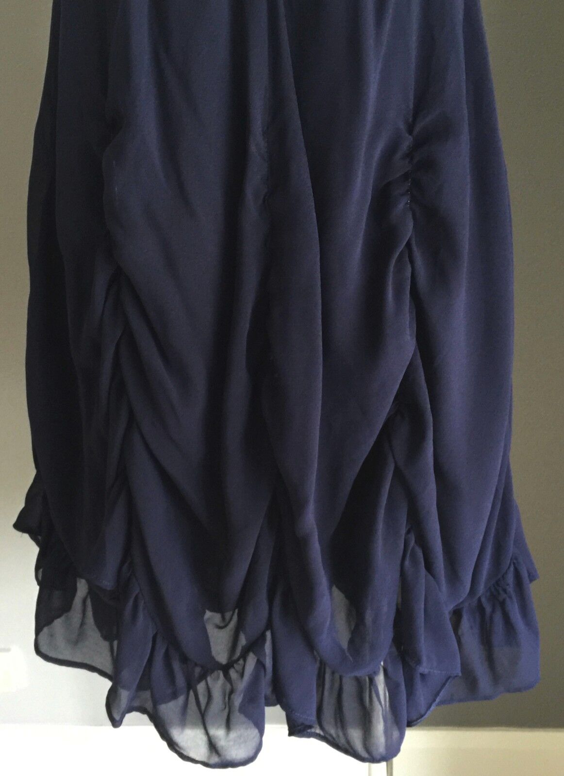 Dress Navy Blue Frill Detail Ruched Chiffon Ladies Size 10 - Dressy STUNNING!