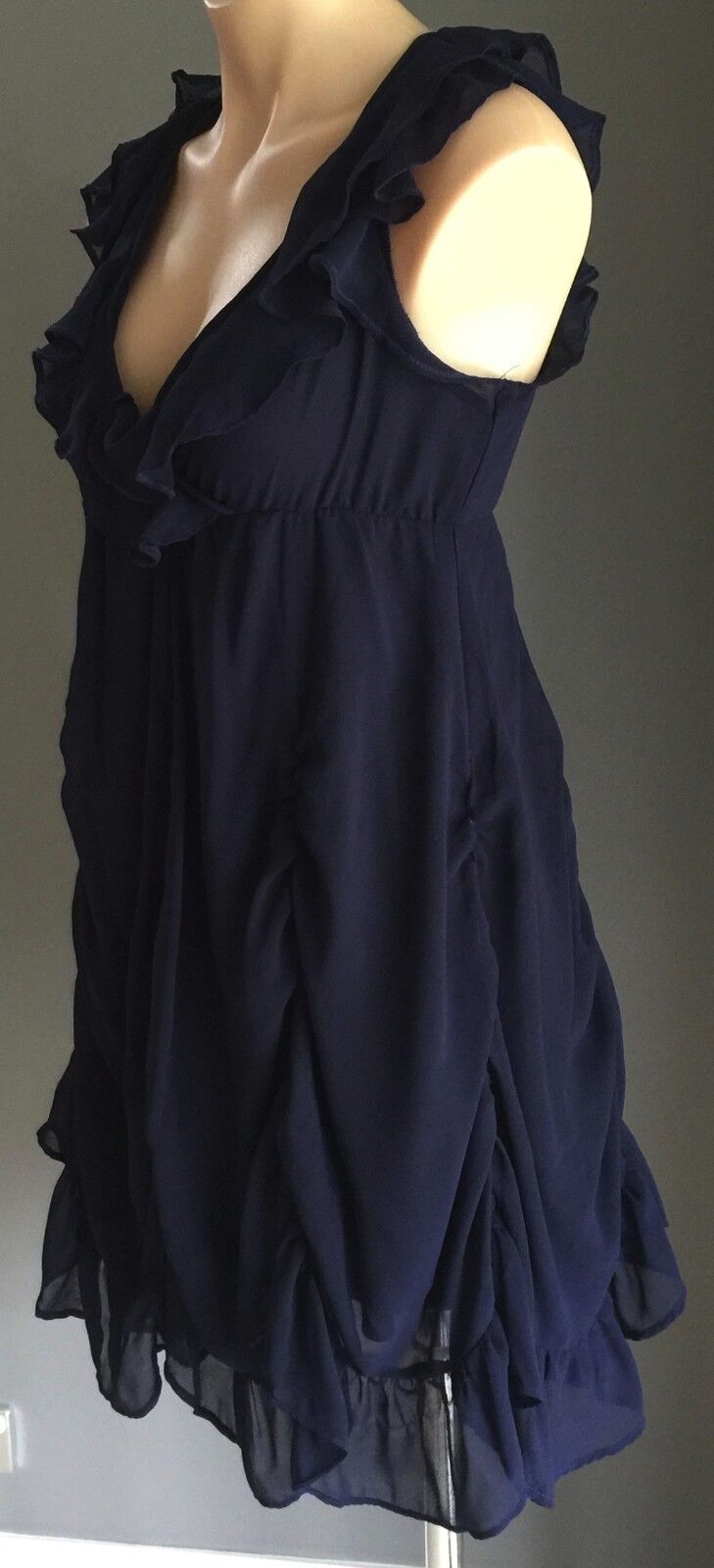 Dress Navy Blue Frill Detail Ruched Chiffon Ladies Size 10 - Dressy STUNNING!