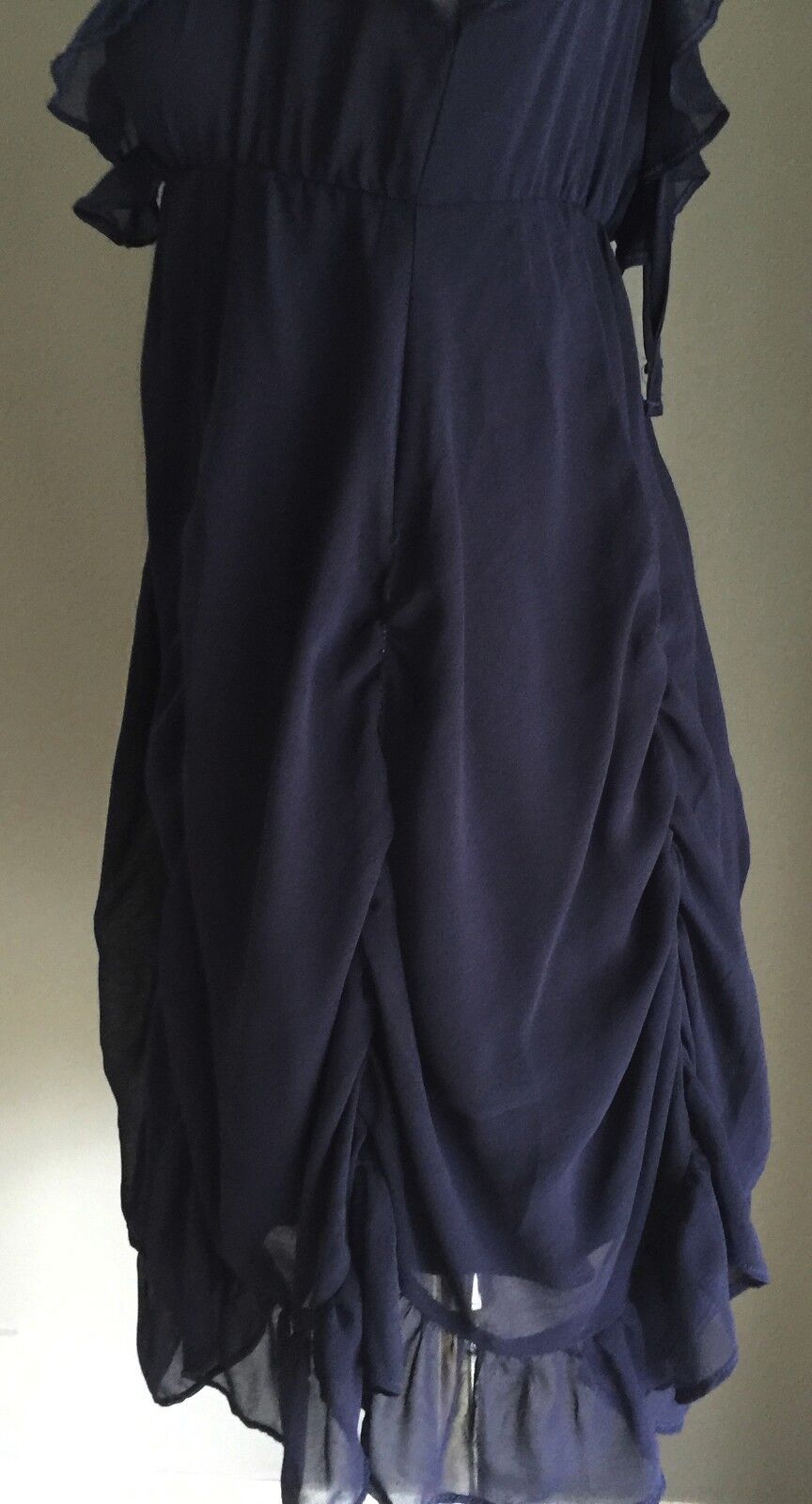 Dress Navy Blue Frill Detail Ruched Chiffon Ladies Size 10 - Dressy STUNNING!