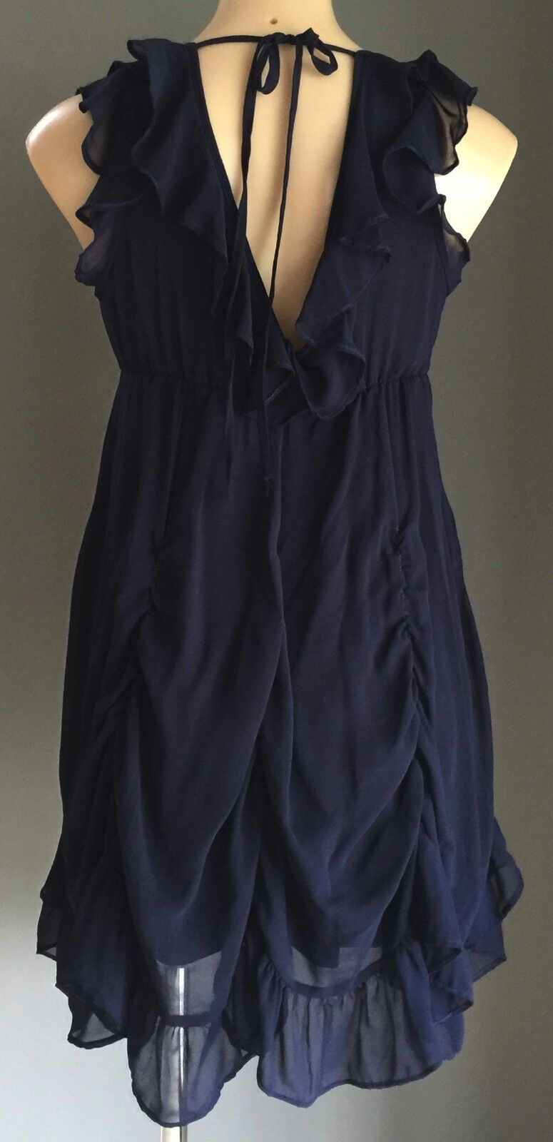 Dress Navy Blue Frill Detail Ruched Chiffon Ladies Size 10 - Dressy STUNNING!
