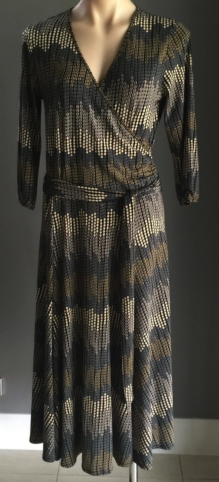 SUZANNE GRAE Wrap Dress Muted Multi Colour Print Stretch Wrap Size 12