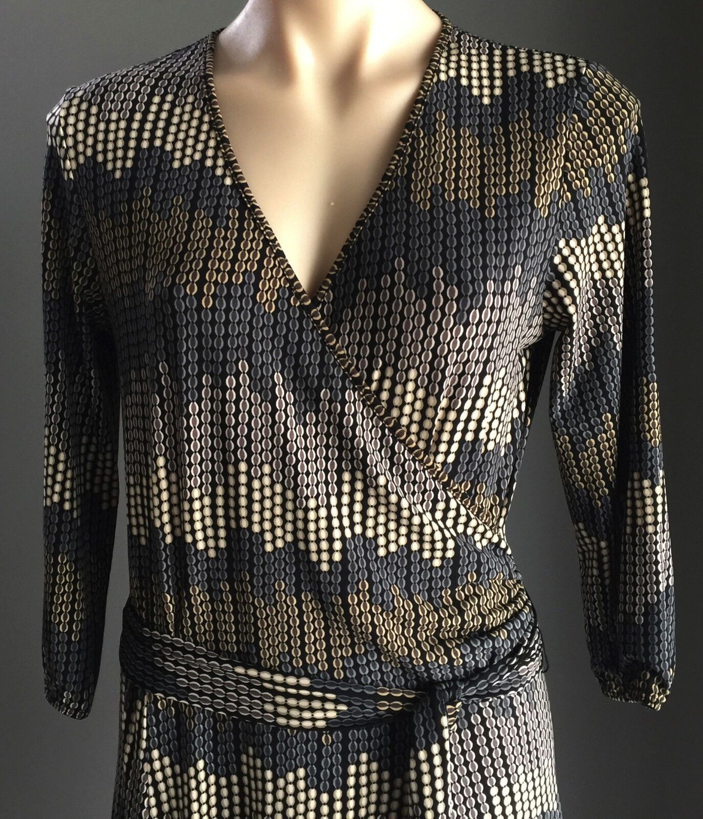 SUZANNE GRAE Wrap Dress Muted Multi Colour Print Stretch Wrap Size 12