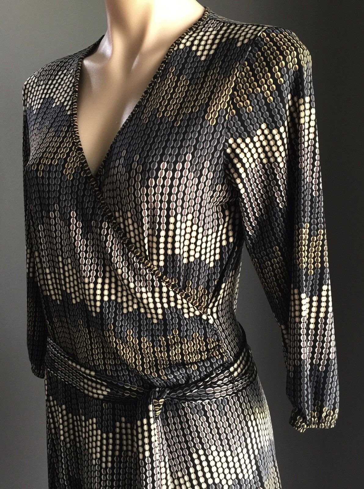 SUZANNE GRAE Wrap Dress Muted Multi Colour Print Stretch Wrap Size 12