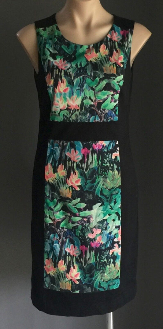 JUMP Black Dress MultiColoured Floral Panel Print  Sleeveless Pencil Size 10 NEW