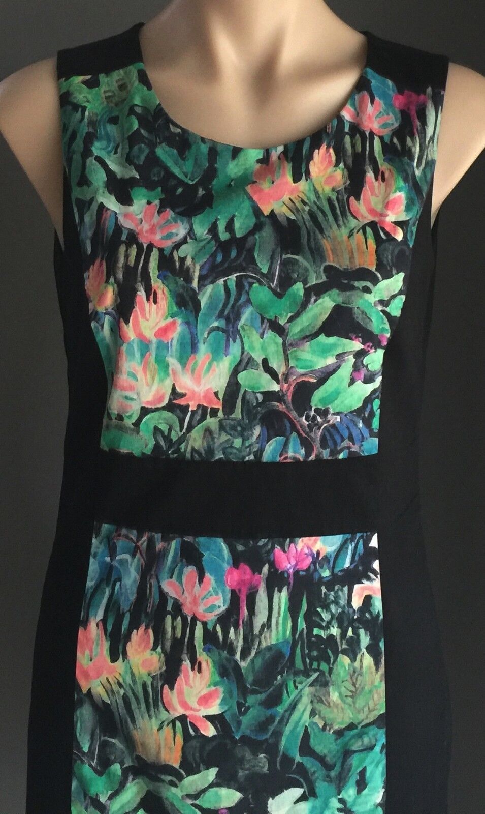 JUMP Black Dress MultiColoured Floral Panel Print  Sleeveless Pencil Size 10 NEW