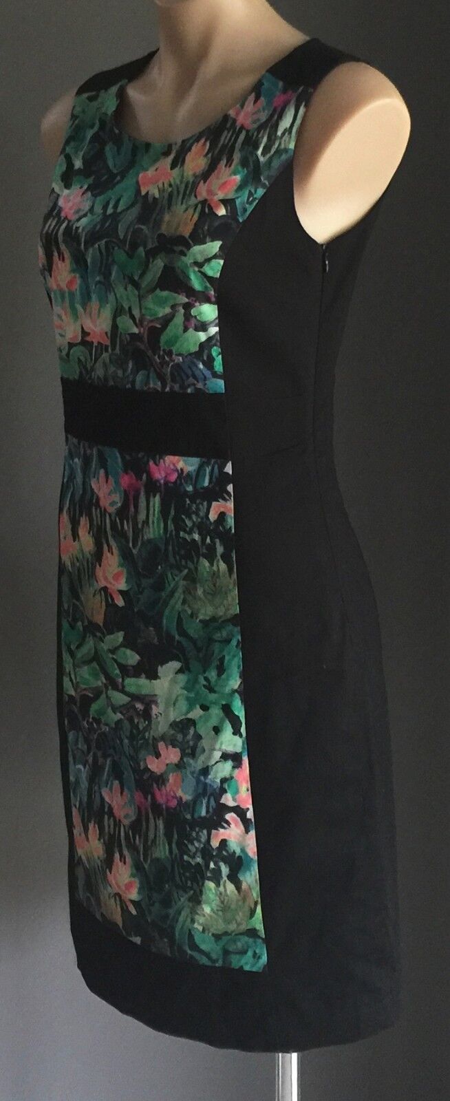 JUMP Black Dress MultiColoured Floral Panel Print  Sleeveless Pencil Size 10 NEW