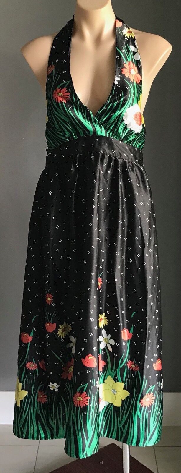 MISS CHERRY Multi Colour & Print Halter Neck Midi Dress Size 12 1970's Chic