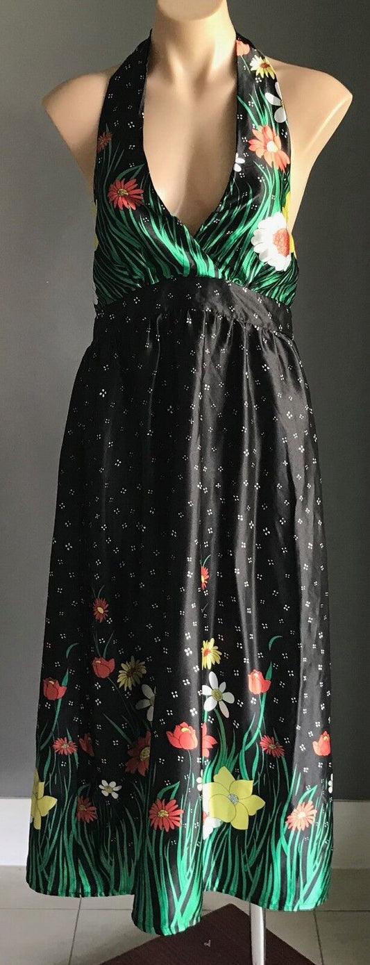 MISS CHERRY Multi Colour & Print Halter Neck Midi Dress Size 12 1970's Chic