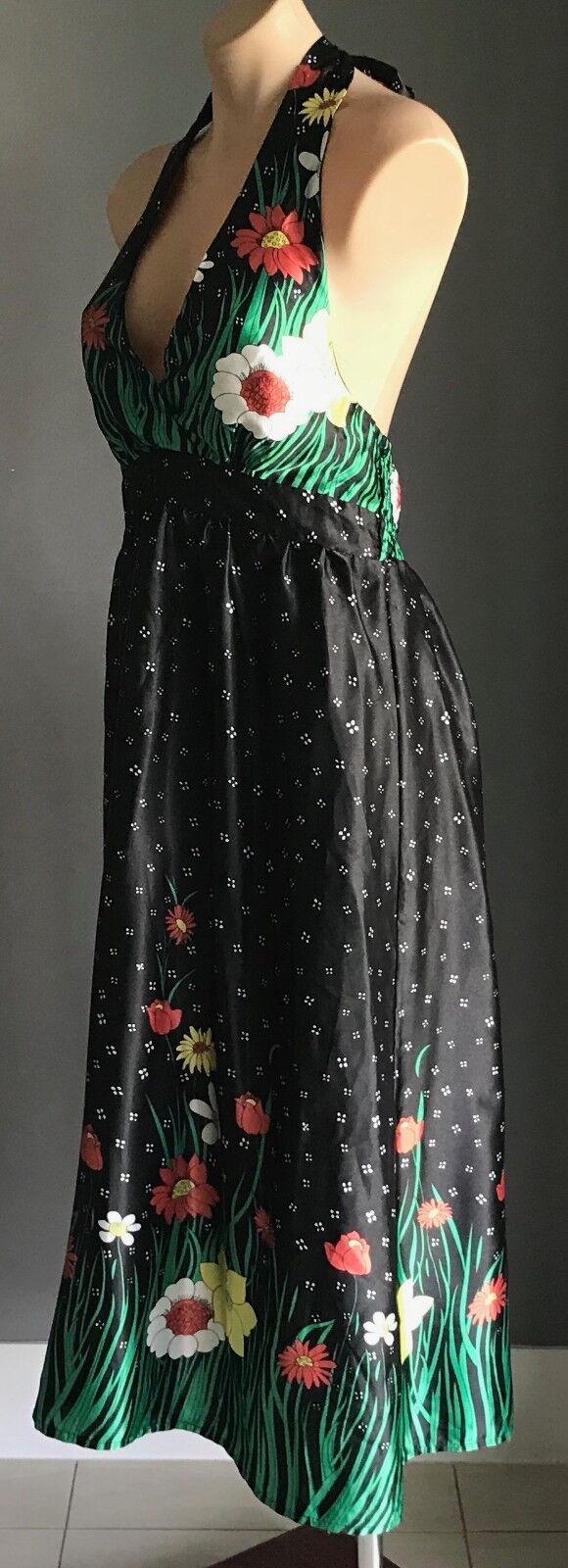 MISS CHERRY Multi Colour & Print Halter Neck Midi Dress Size 12 1970's Chic