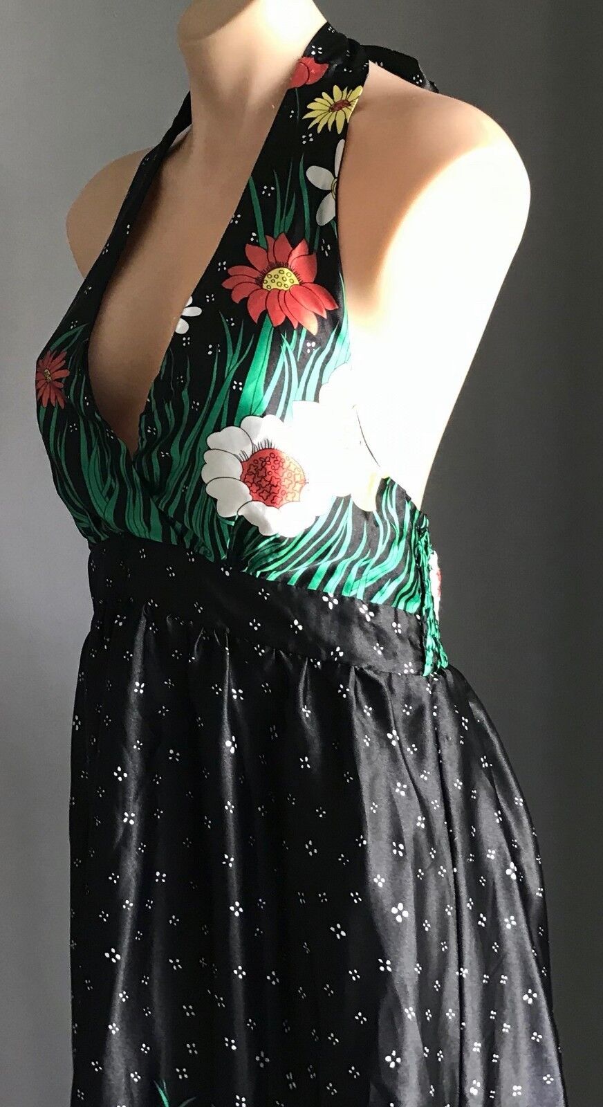 MISS CHERRY Multi Colour & Print Halter Neck Midi Dress Size 12 1970's Chic