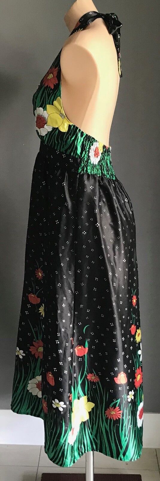 MISS CHERRY Multi Colour & Print Halter Neck Midi Dress Size 12 1970's Chic