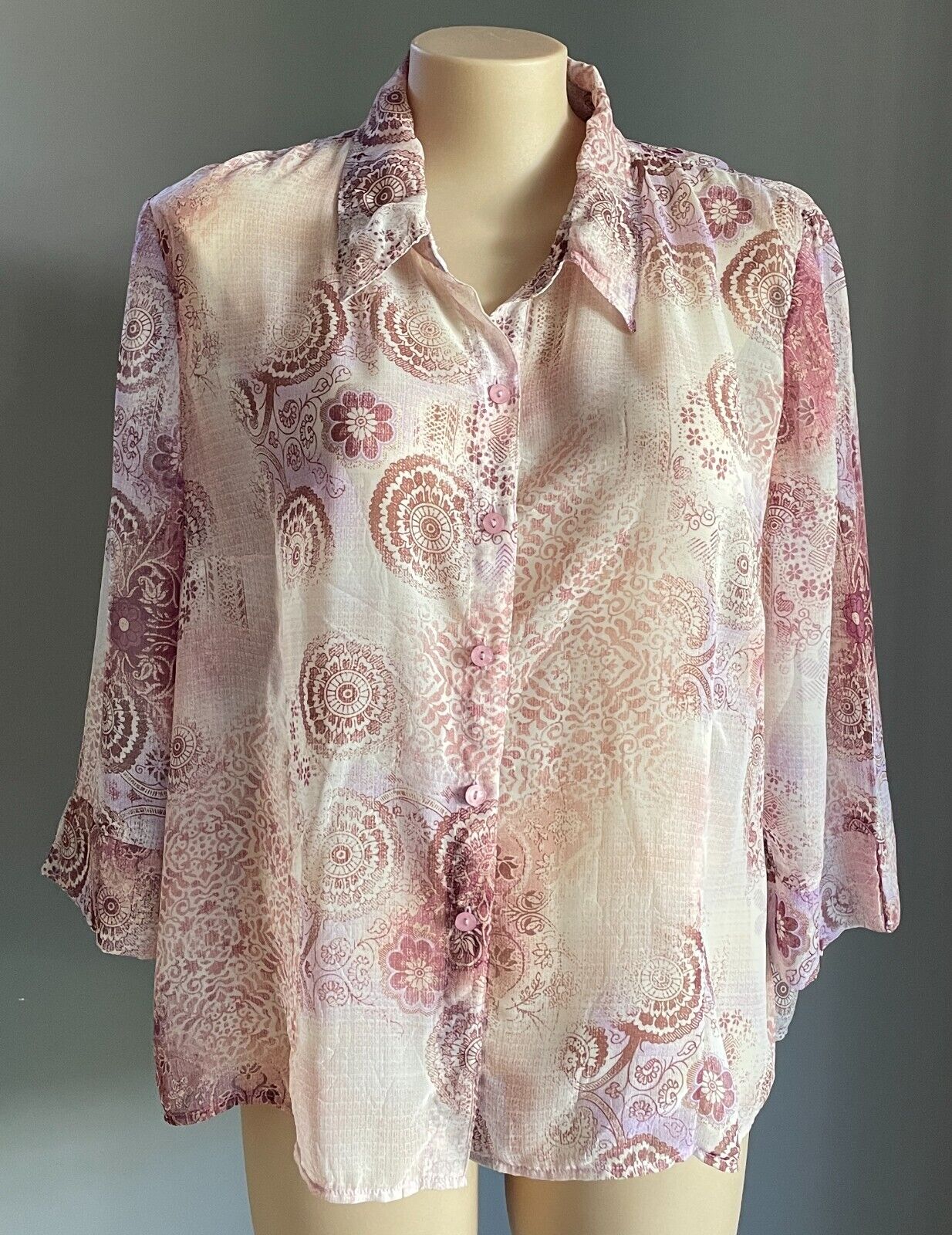 WOMBAT Semi Sheer Blouse Pink Purple Off White Burgundy 3/4 Sleeve Size 3XL NEW