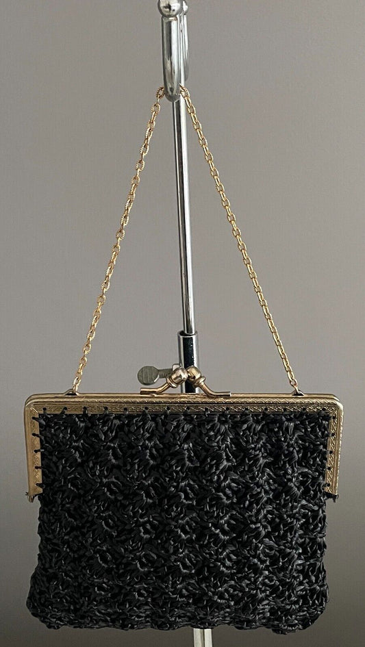 Gaysheen Handbag Black Gold Tone Metal Frame Short Chain Bag Purse 16cm Vintage