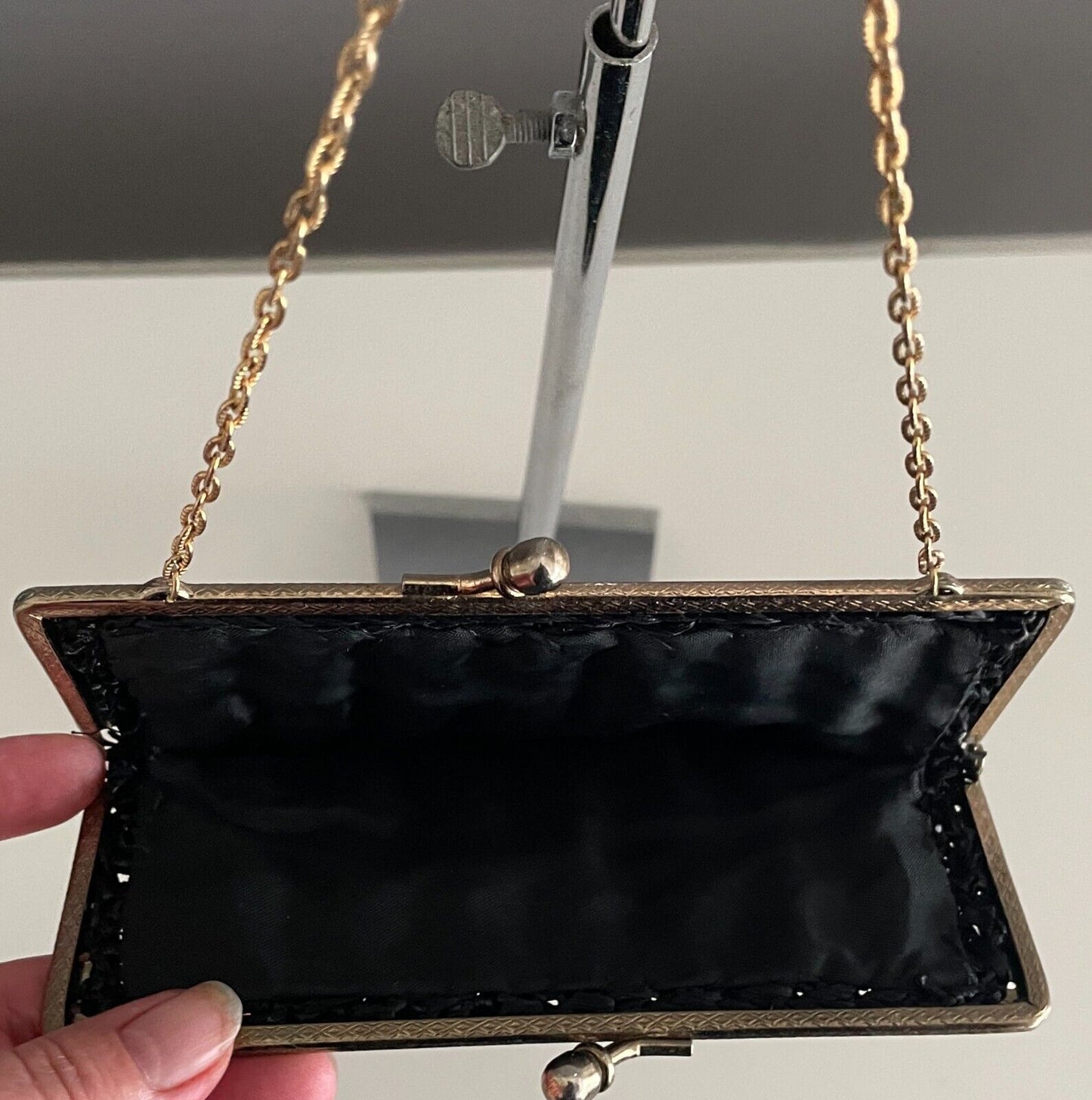 Gaysheen Handbag Black Gold Tone Metal Frame Short Chain Bag Purse 16cm Vintage