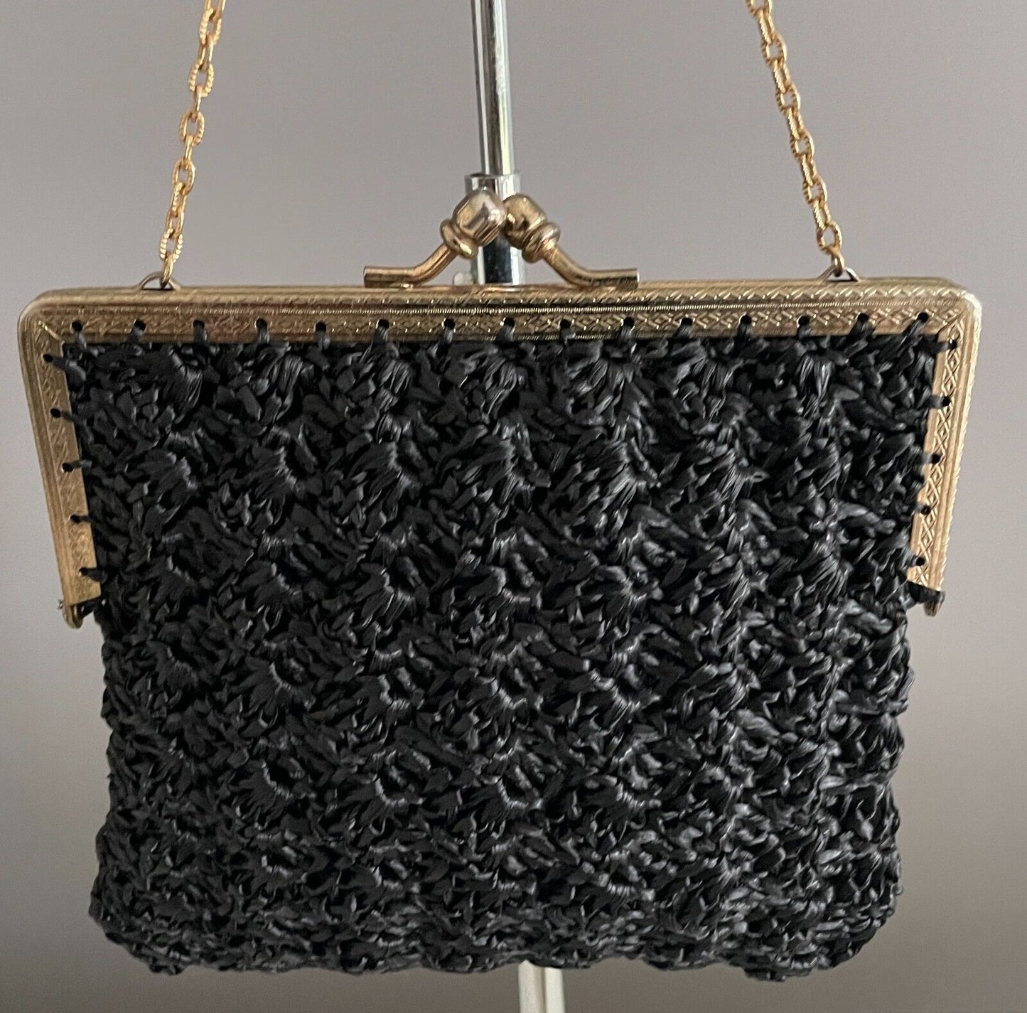 Gaysheen Handbag Black Gold Tone Metal Frame Short Chain Bag Purse 16cm Vintage