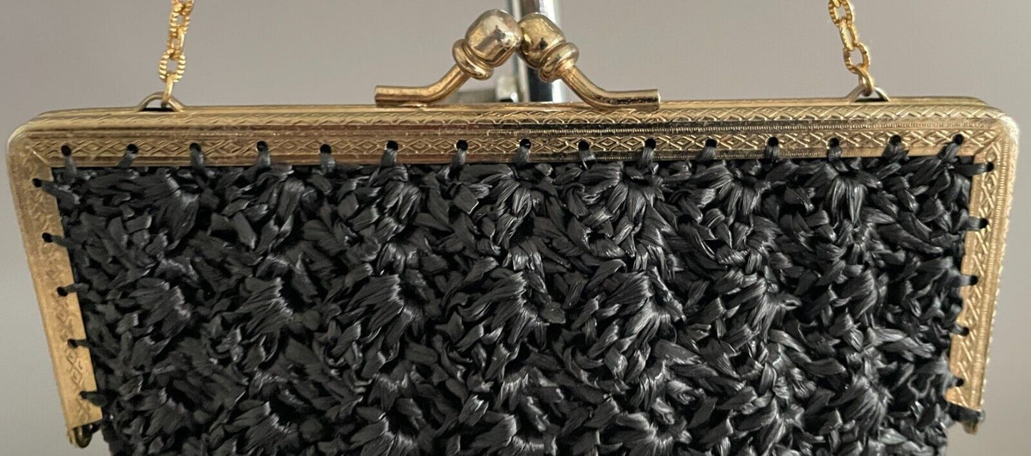 Gaysheen Handbag Black Gold Tone Metal Frame Short Chain Bag Purse 16cm Vintage