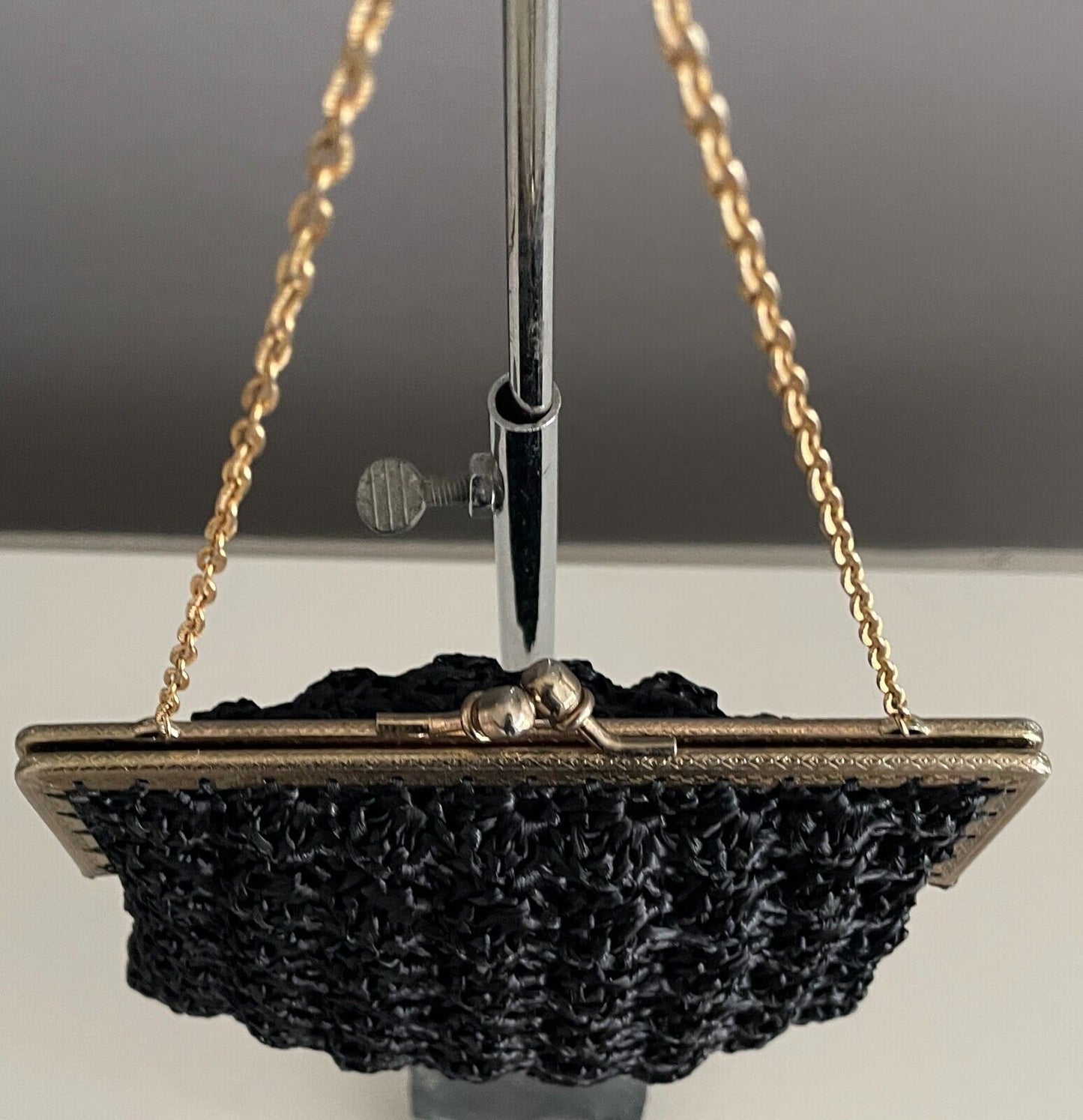 Gaysheen Handbag Black Gold Tone Metal Frame Short Chain Bag Purse 16cm Vintage