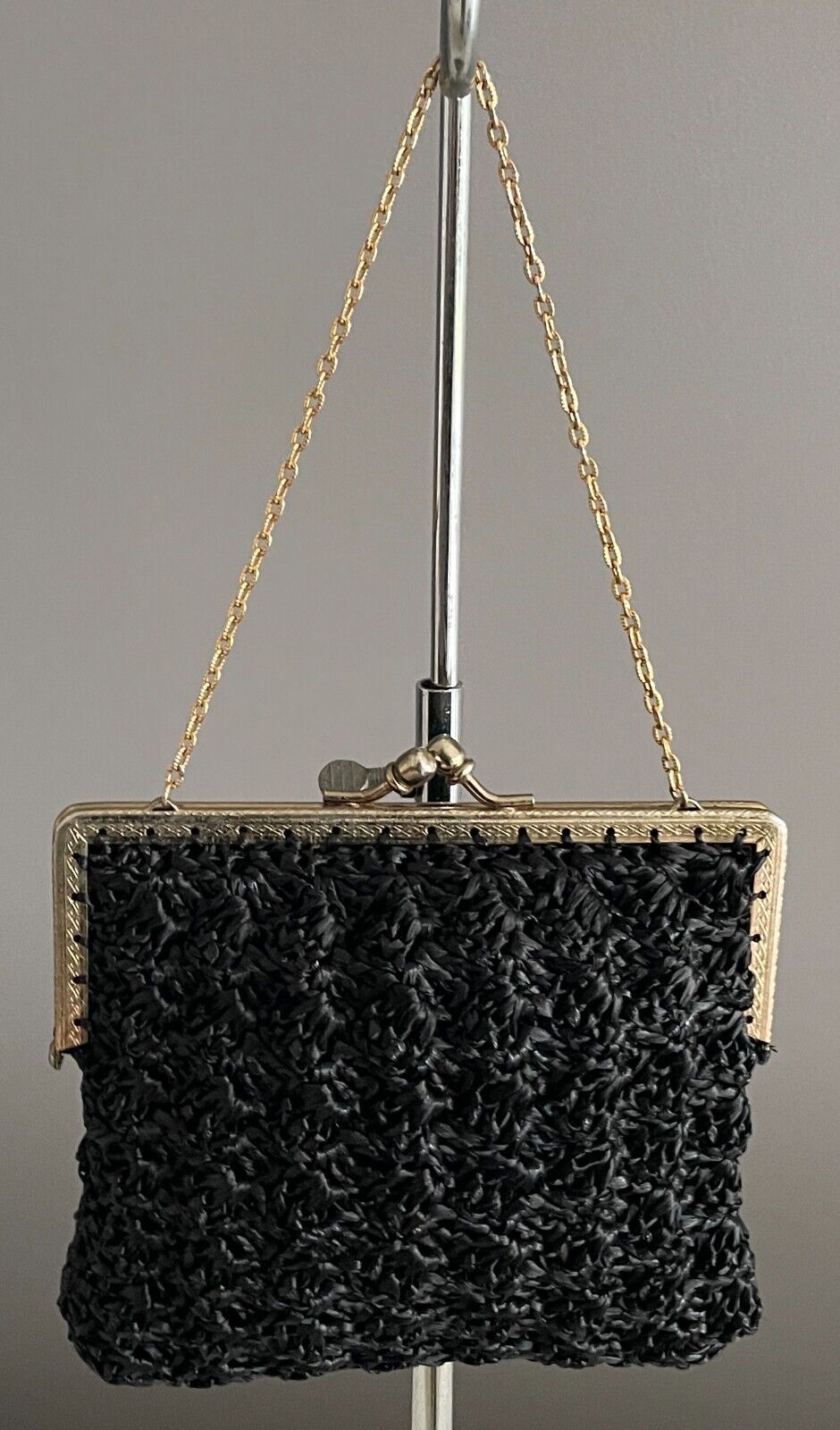 Gaysheen Handbag Black Gold Tone Metal Frame Short Chain Bag Purse 16cm Vintage